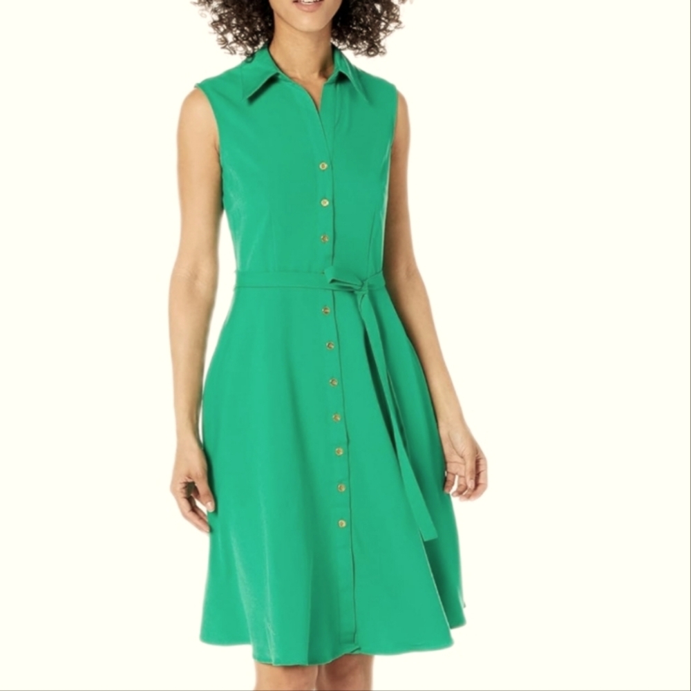 Sharagano rayon blend kelly green sleeveless belted shirt dress 14